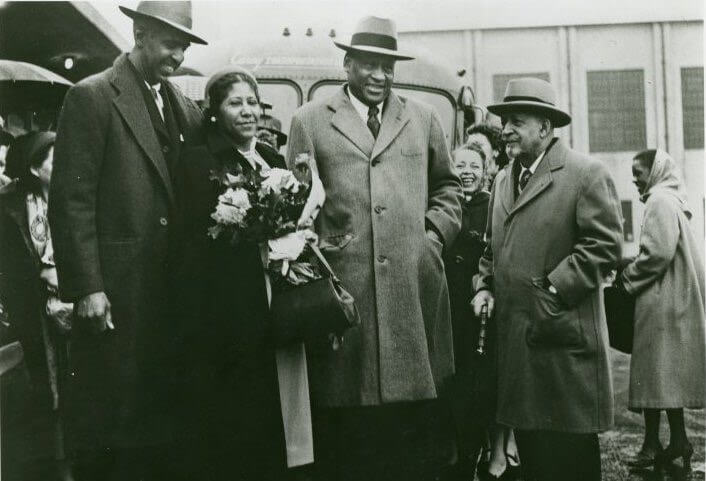 Alphaeus Hunton with his wife, Dorothy, Paul Robeson, and W.E.B. Du Bois, sometime between 1949 – 1963 (Source: Schomburg Center)