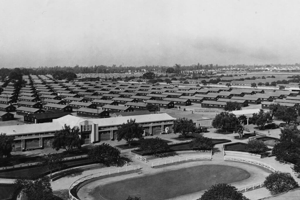 Figure 11 Aerial view of housing barracks at the Santa Anita detention center, by the US Army Signal Corps (July 1942). (Courtesy of the Library of Congress.)