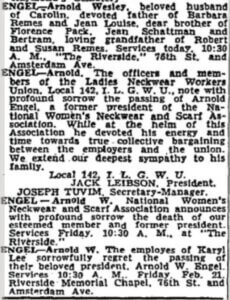 Screenshot of New York Times death notices for Arnold Engel