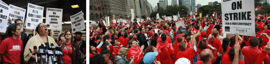 In September 2012, the Chicago Teachers Union engaged in a dramatic strike to protest the efforts of Chicago Mayor Rahm Emanuel to break the union and, over time, privatize the city’s public education system. The CTU won a pivotal victory largely because its members successfully collaborated with community allies about the broad social and economic issues affecting Chicago school teachers and their students. From left to right: Karen Lewis, CTU President, giving a press statement during the CTU strike; CTU members and their allies on a demonstration in downtown Chicago during the strike, September 19, 2012.