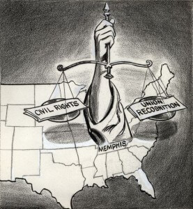 In 1968, Martin Luther King, Jr. traveled to Memphis, Tennessee to support the city’s (overwhelmingly black) sanitation workers in their efforts to win union recognition, along with better pay and working conditions. While assisting this campaign, he was assassinated on April 4, 1968. This 1968 political cartoon illustrates the connection between labor rights and civil rights in the Memphis sanitation workers’ strike.